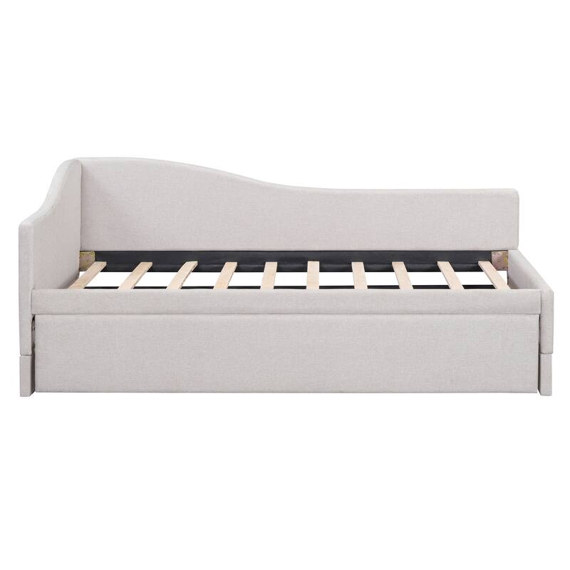 Twin Size L-Shaped Upholstered Daybed with Pull-Out Trundle, Linen Fabric, Convertible to Irregular King