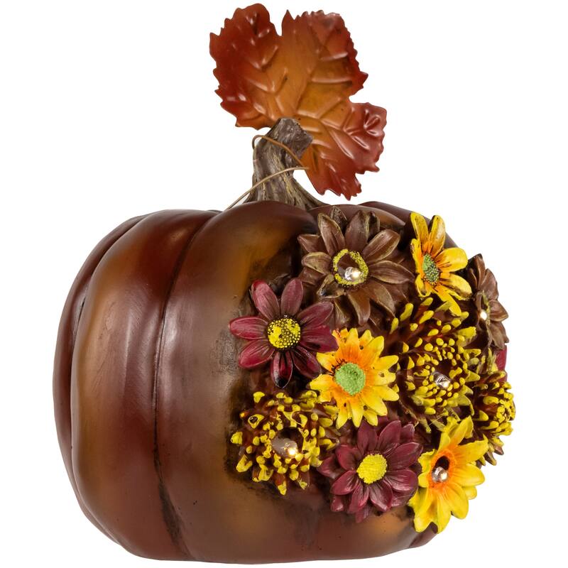 7.75" Brown Red LED Solar Floral Pumpkin Thanksgiving Table Decor