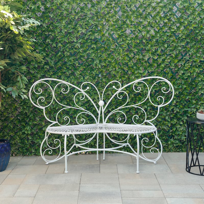 Alpine Corporation 62" x 26" Outdoor 2 Person Metal Butterfly Shaped Garden Bench - White