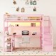 preview thumbnail 2 of 7, Full Size Pink Iron Storage Loft Bed Frame with Stair, Desk, LED Light