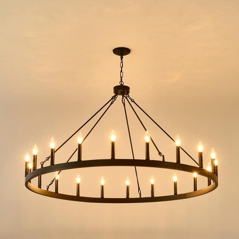 53" Large Wagon Wheel Chandelier Black Farmhouse Pendant Light Fixtures