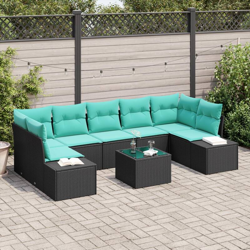 vidaXL 8 Garden Sofa Set with Cushions Black Poly Rattan - 113.8 x 60.6 x 27.2