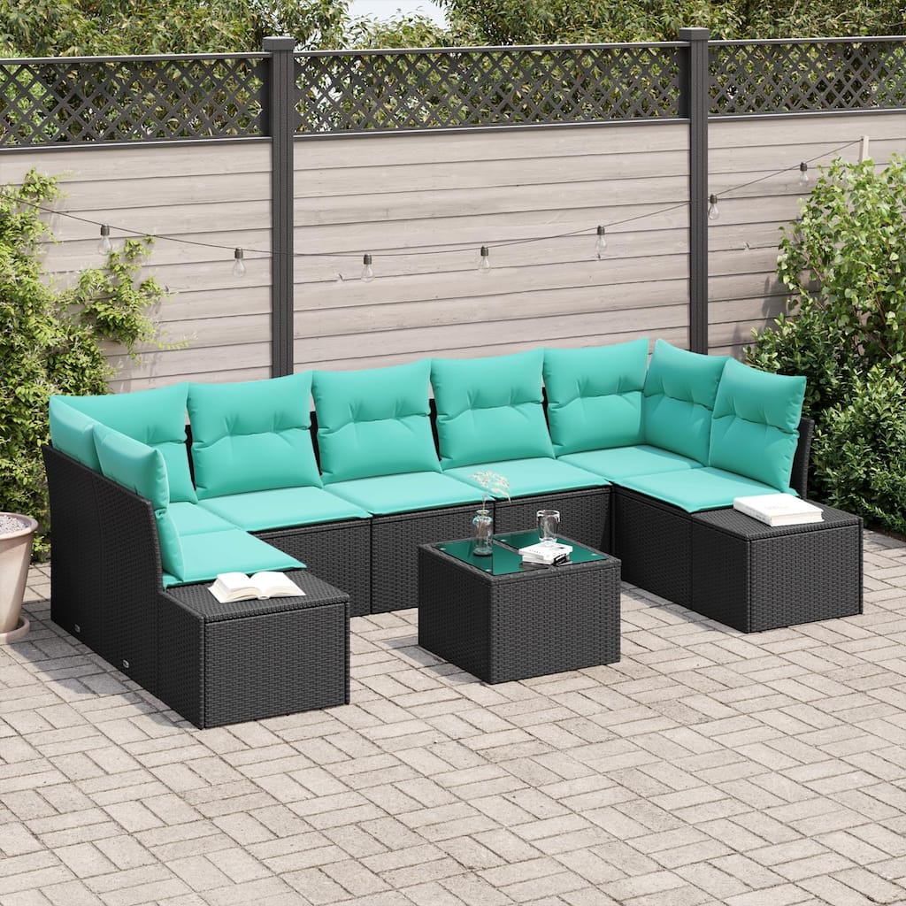 vidaXL 8 Garden Sofa Set with Cushions Black Poly Rattan - 113.8 x 60.6 x 27.2