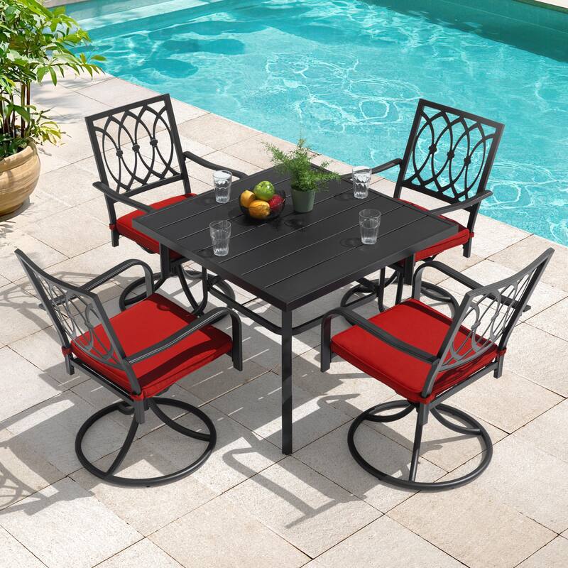 Outdoor 2-Piece Swivel Dining Chairs, 360-Degree Rotation and Red Cushions