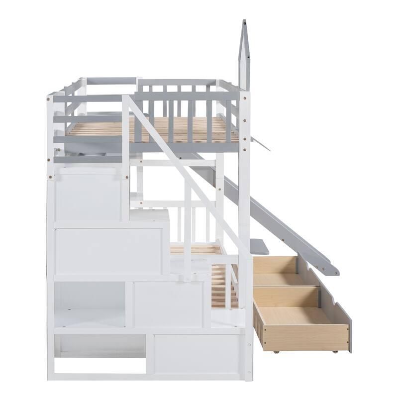 Twin-Over-Twin Castle Style Bunk Bed with Drawers,Shelves,Slide
