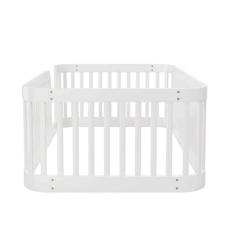 Wood Twin/Full Size Wood Floor Bed Frame with Fence