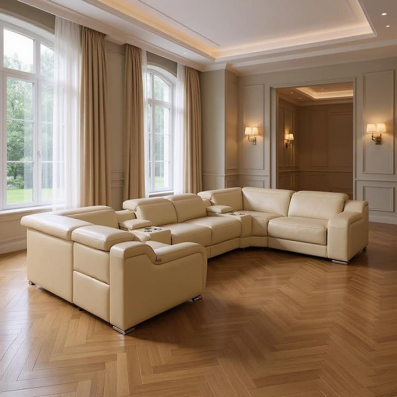 HomeRoots Beige Italian Leather Power Reclining U Shaped Eight Piece Corner Sectional With Console - Symmetrical - Beige