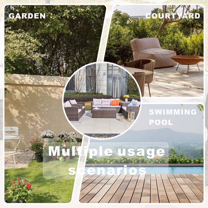 7-Piece PE Wicker Patio Fire Pit Sofa Set with Adjustable Propane Fire Table and Storage Side Tables