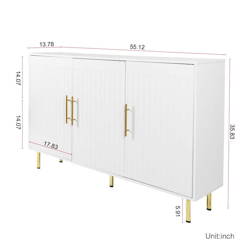 3-Door Large Storage Sideboard with Gold Handles for Kitchen, Dining Room and Living Room.55.12" W Accent White Buffet Cabinet