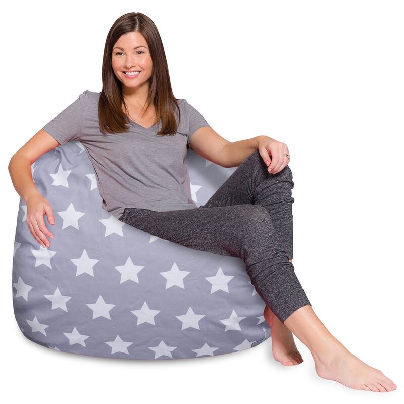 Kids Bean Bag Chair, Big Comfy Chair - Machine Washable Cover - 48 Inches Extra Large - Canvas White Stars on Gray