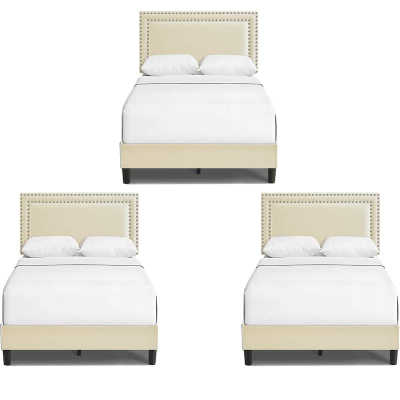 Beige Twin Bed Nailhead Upholstered Platform Bed Frame with Adjustable Headboard - Set of 3