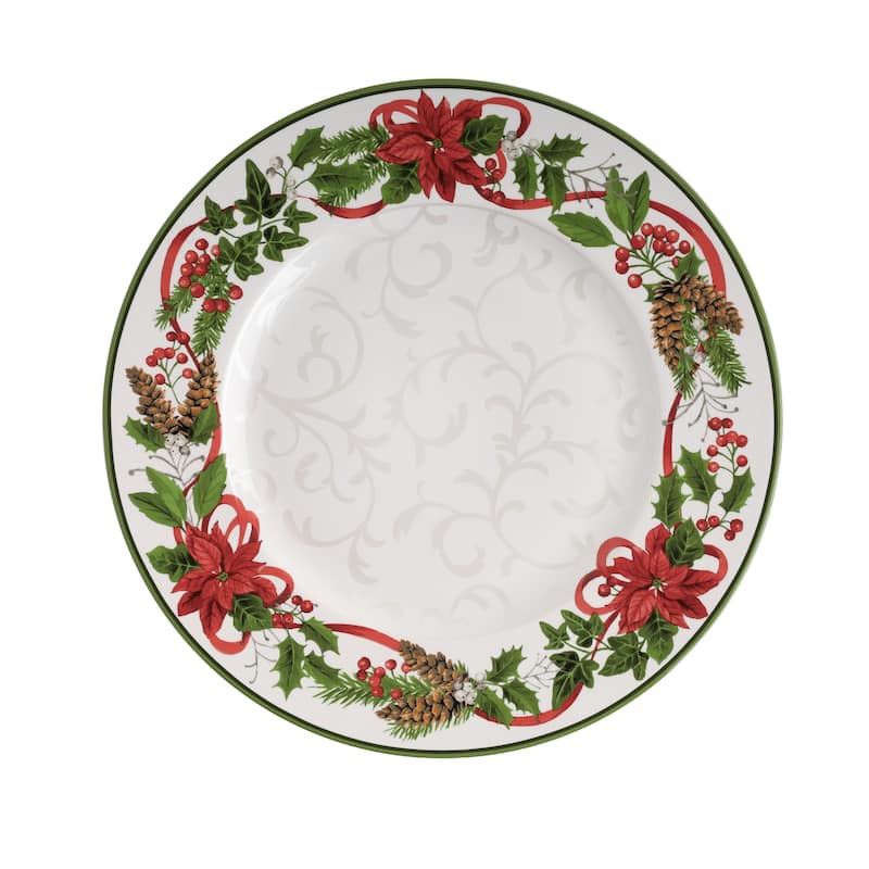 222 Fifth Holiday Festivities 12-Piece Porcelain Dinnerware Set for 4, White/Red Dish Set