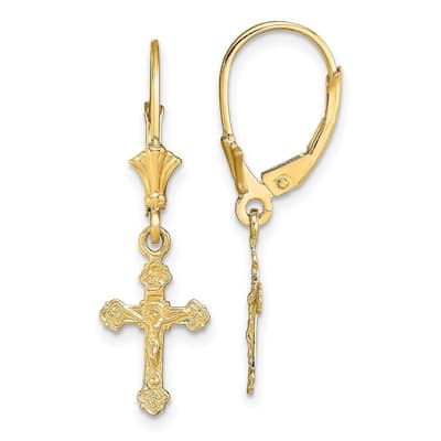 Curata 14k Gold Mini Crucifix With Fancy Tips Leverback Earrings (3 0f 3) - 30.3x9mm Wide
