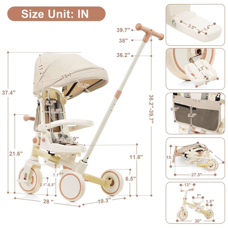 7 In 1 Baby Tricycle, Foldable Toddler Tricycle With Removable And Adjustable Parent Handle,For 12-72 Months