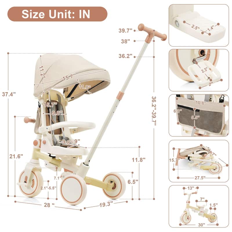 7-in-1 Baby Tricycle for Toddlers Ages 1-6, Foldable Push Trike with Parent Handle, Canopy, Guardrail & Pedals