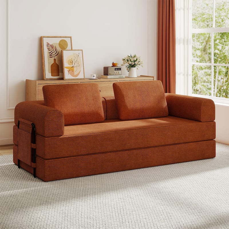 Convertible Sleeper Sofa Bed, Corduroy Folding Sleeper Couch with Pillow, Boneless Couch for Living Room, Floor Lounge Sofa - Orange