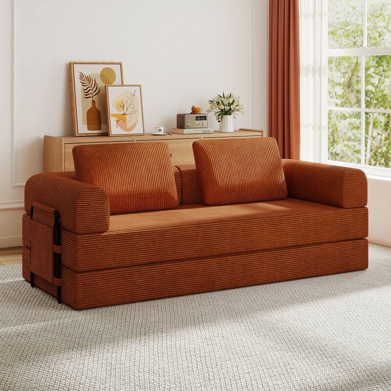 Convertible Sleeper Sofa Bed with Cylindrical Pillow - Corduroy Folding Mattress Couch with Fixed-Shape Frame - Orange