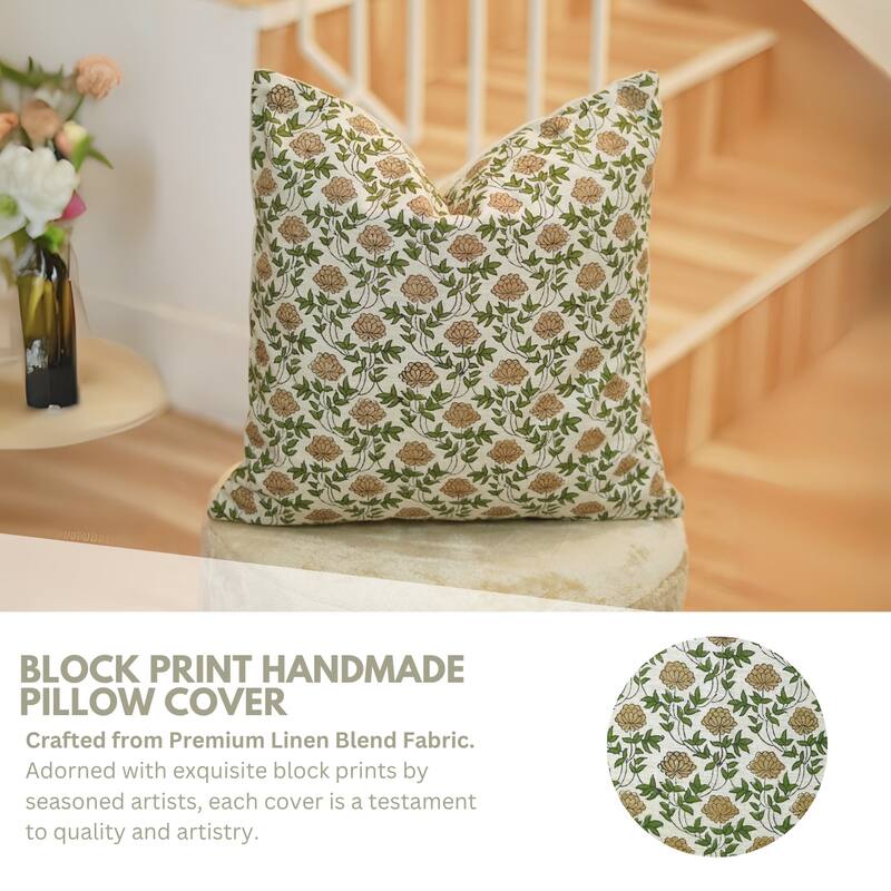Fabdivine 26x26 Inch Fall Home Décor Cushion Cover Hand Block Floral for Sustainable Square Linen Pillow Case, Khoobsurat