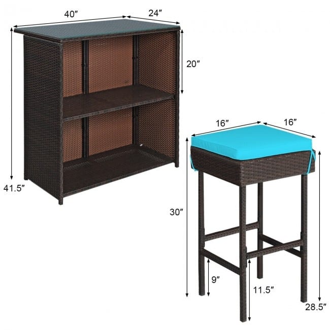 3-Piece Patio Rattan Wicker Bar Set with 2 Cushioned Stools for Outdoor Entertaining - 40" x 24" x 41.5" (L x W x H)