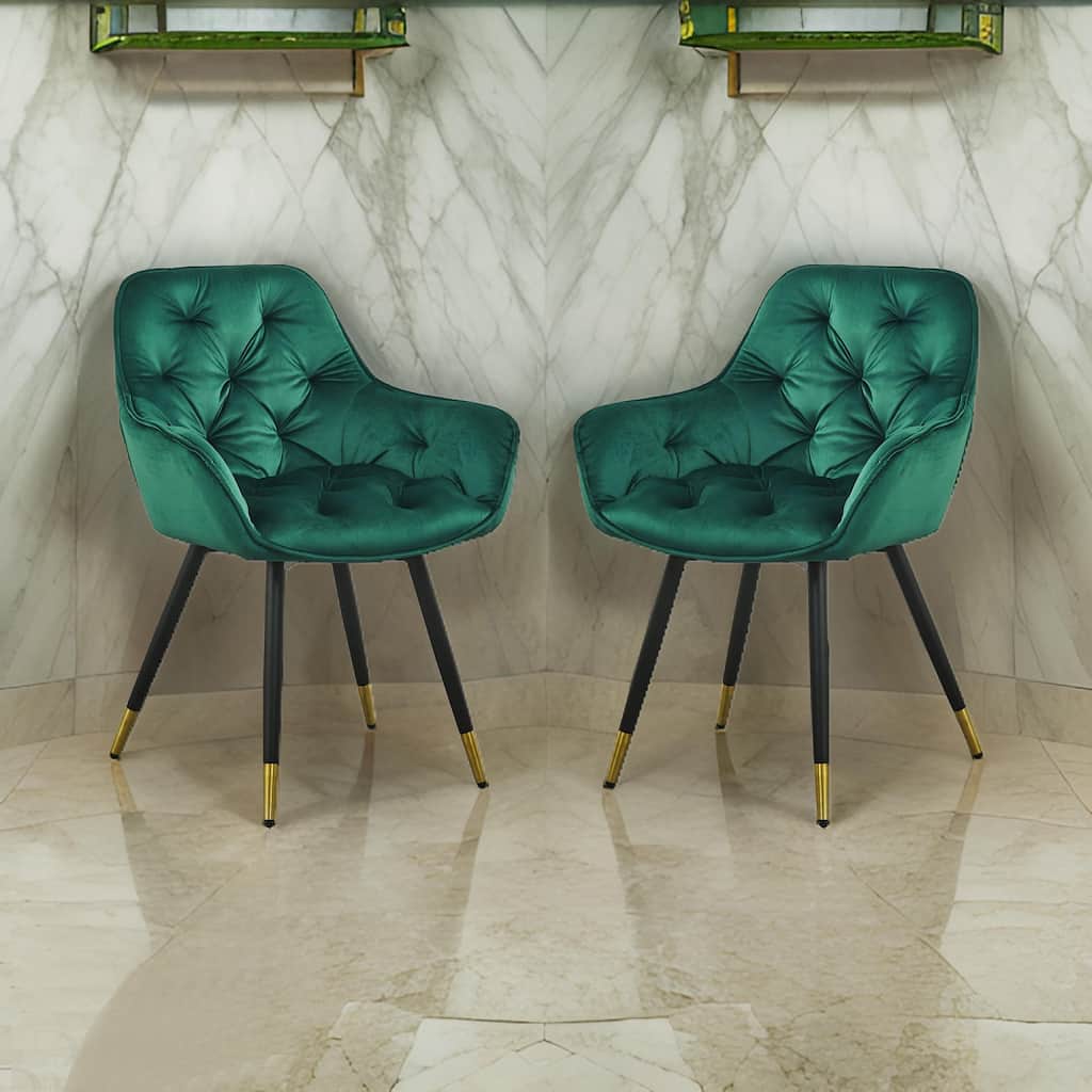 25 Inch Accent Dining Chair, Curved Back, Gold, Green Velvet Upholstery