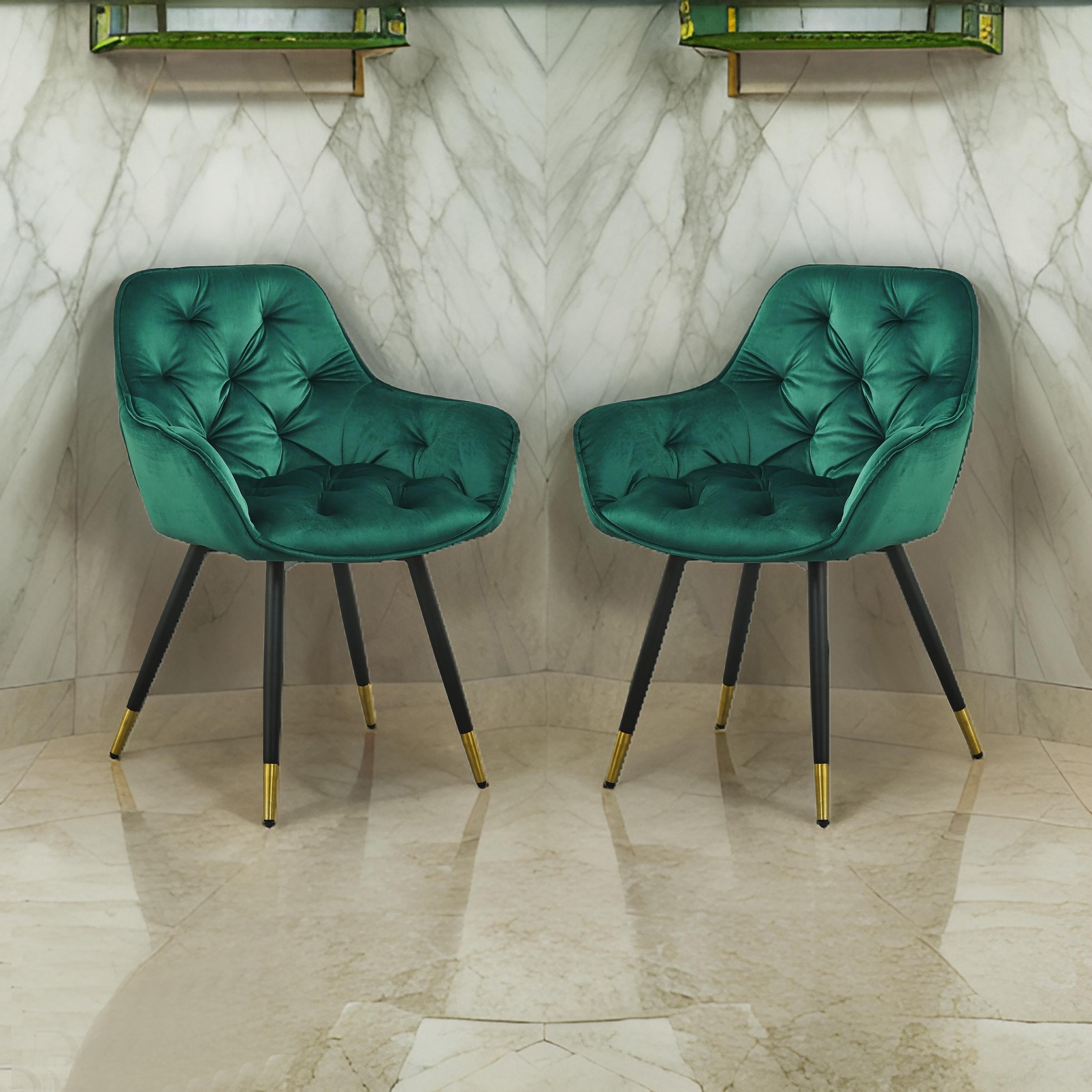 25 Inch Accent Dining Chair, Curved Back, Gold, Green Velvet Upholstery