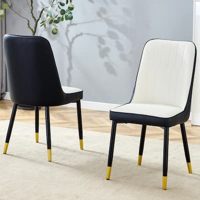Modern Two-Tone Pu Dining Chairs-White And Black Spliced Chairs With Gold Decorated Legs,Set Of 2 Chairs.