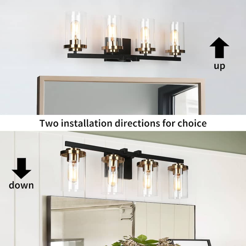 Modern Farmhouse 4-Light Black Gold Linear Bathroom Vanity Light Cylinder Glass Wall Sconce