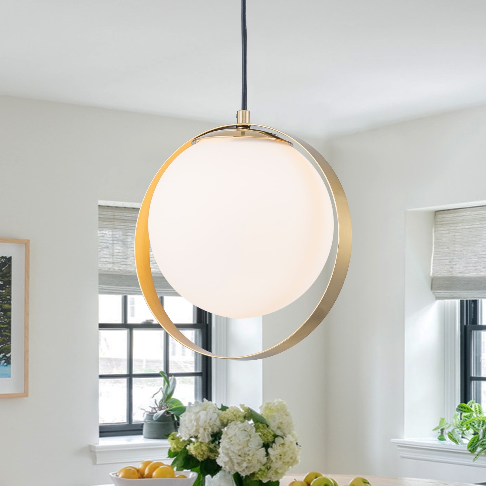 Modern 10-In Single Light LED Pendant Opal Glass Shade Metal Frame - Dia.10-in