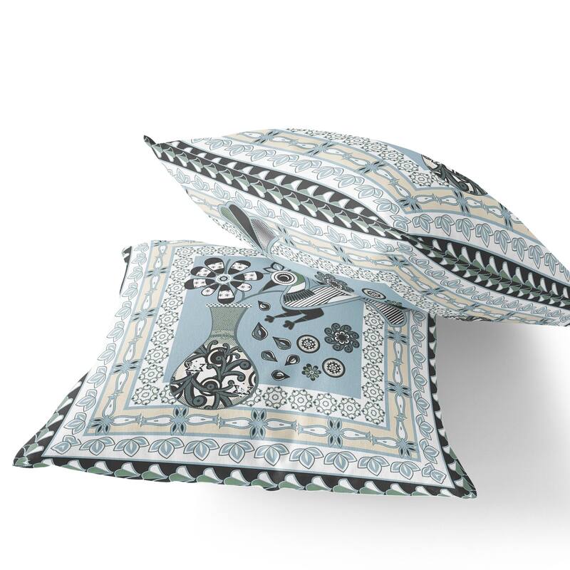 HomeRoots Set of Two 16" X 16" Blue and Black Peacock Blown Seam Floral Indoor Outdoor Throw Pillow - 16.00' X '16.00' X '5.00