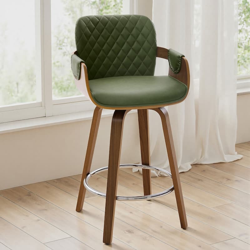 26-Inch Upholstered Swivel Counter Height Bar Stool with Armrests - 36.6"H x19.5"W x 21.3"D - Set of 2 - Green