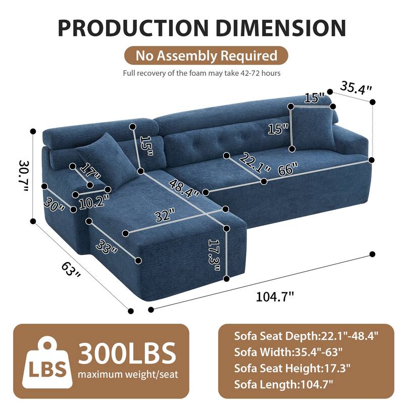 105" Chenille Sectional Sofa with Chaise Lounge & 2 Pillows