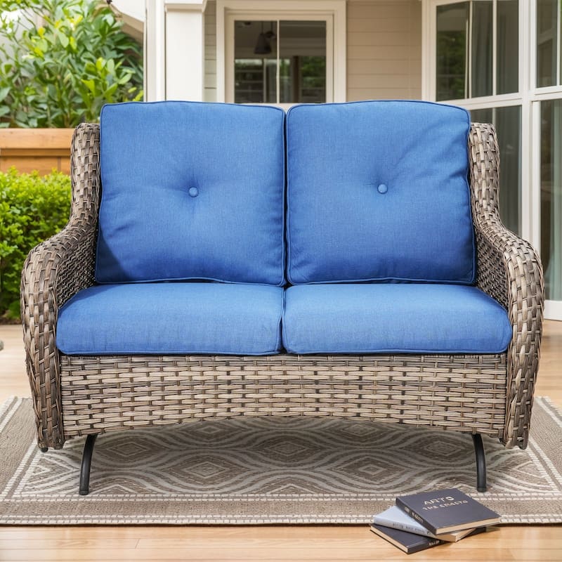 Outdoor Glider Loveseat Sofa with Soft Cushion - Grey Rattan - Blue Cushion