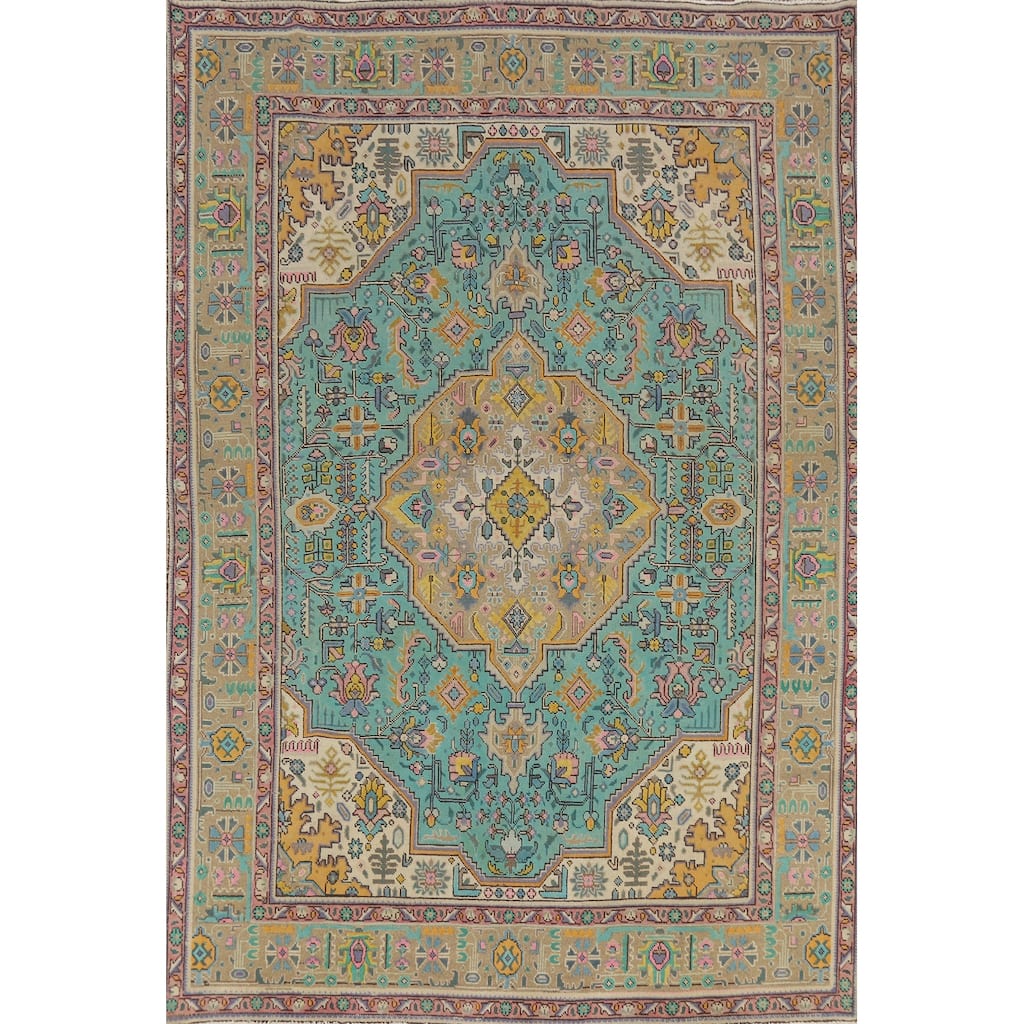 Hand Knotted Oriental 100% Wool Carpet Traditional Floral Navy Blue & Blues Tabriz Area Rug - 9' 6'' X 6' 9''