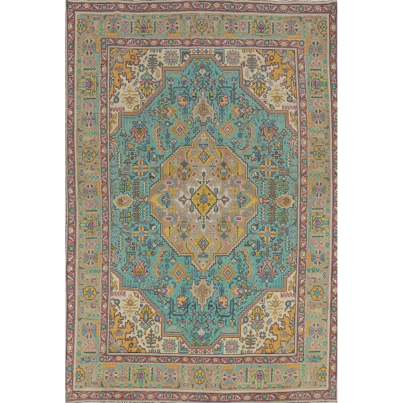 Hand Knotted Oriental 100% Wool Carpet Traditional Floral Navy Blue & Blues Tabriz Area Rug - 9' 6'' X 6' 9''