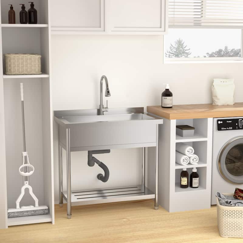 36 Inch Freestanding Integrated Single Bowl 18 Gauge Stainless Steel Kitchen Sink with Pull-Out Faucet - 36'' x 21'' x 35.5''