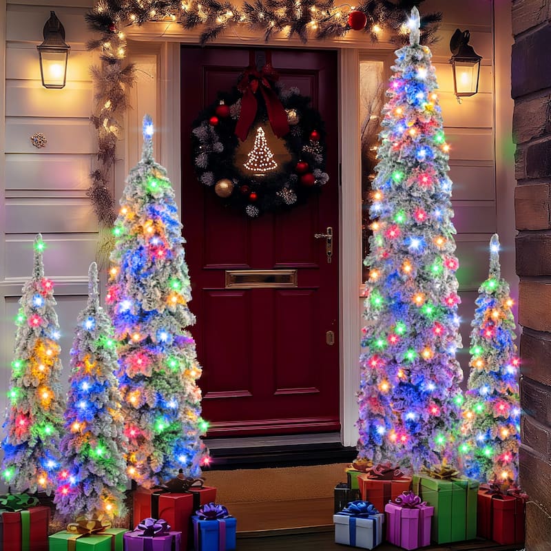 8FT,6FT,4FT x 3 Pre-Lit Pencil Christmas Trees, 5-set Slim Artificial Christmas Tree With Snow Flocking, with 11 Lighting Modes