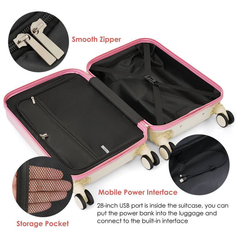 3 Piece High Quality ABS+PC Hard Carry on Suitcase with USB Port and Cup Holder & Spinner Wheels, for Men Women Travel