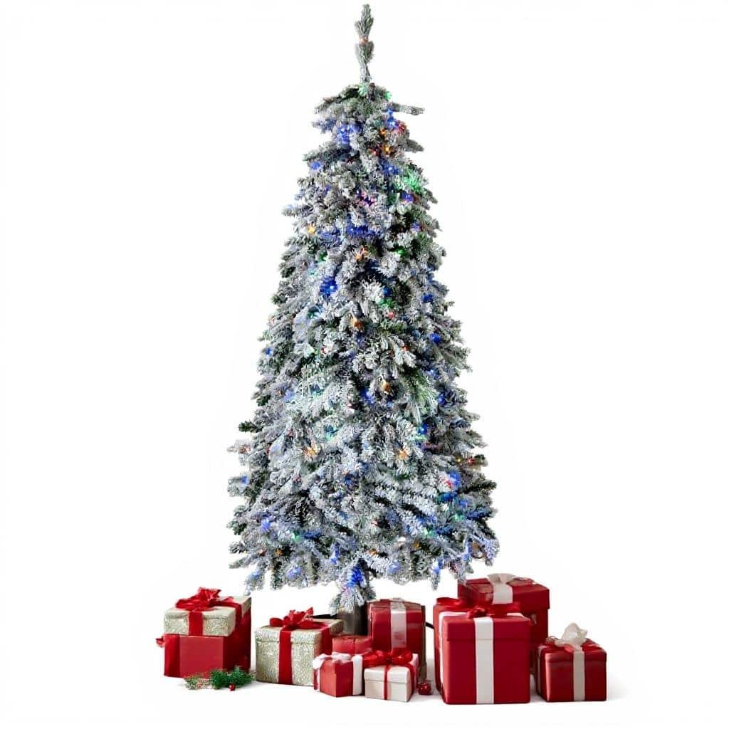Artificial Snow Flocked Xmas Tree, with 458 PE Branch Tips, 200 Colorful Lights