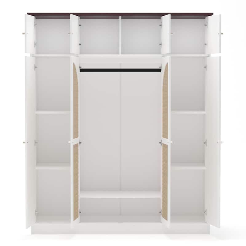 Rattan Decorative Doors Wardrobe Closet with Hanging Rod & Shelves, Large Capacity Armoire Clothing Storage Cabinet