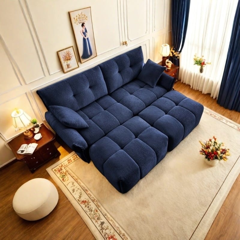 Modular 4-Seat Chenille Sofa Set with 2 Ottomans, High-Resilience Cushions and Solid Wood Frame - 2 Seater with 2 Ottoman Blue
