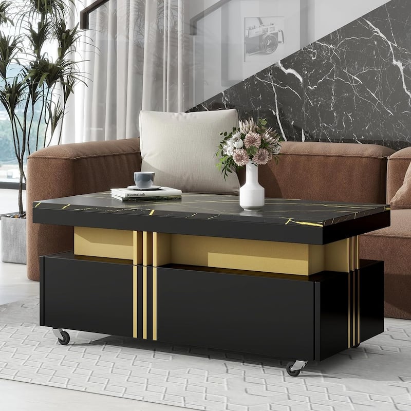 Marble Coffee Table - 39" Wide Modern Faux Marble Coffee Table - Black