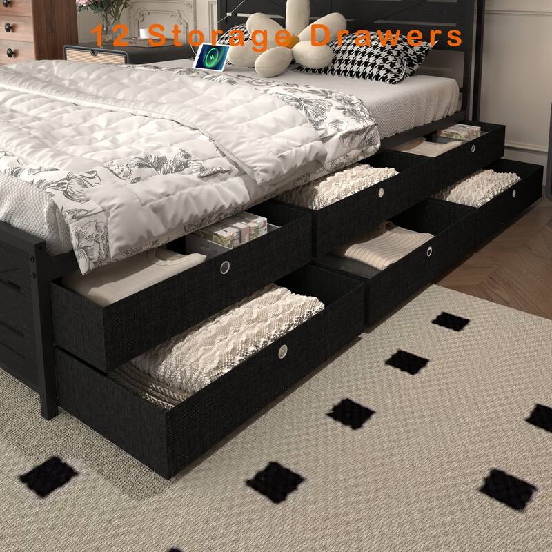 Queen-size bed frame with storage headboard and 12 drawers with LED lights