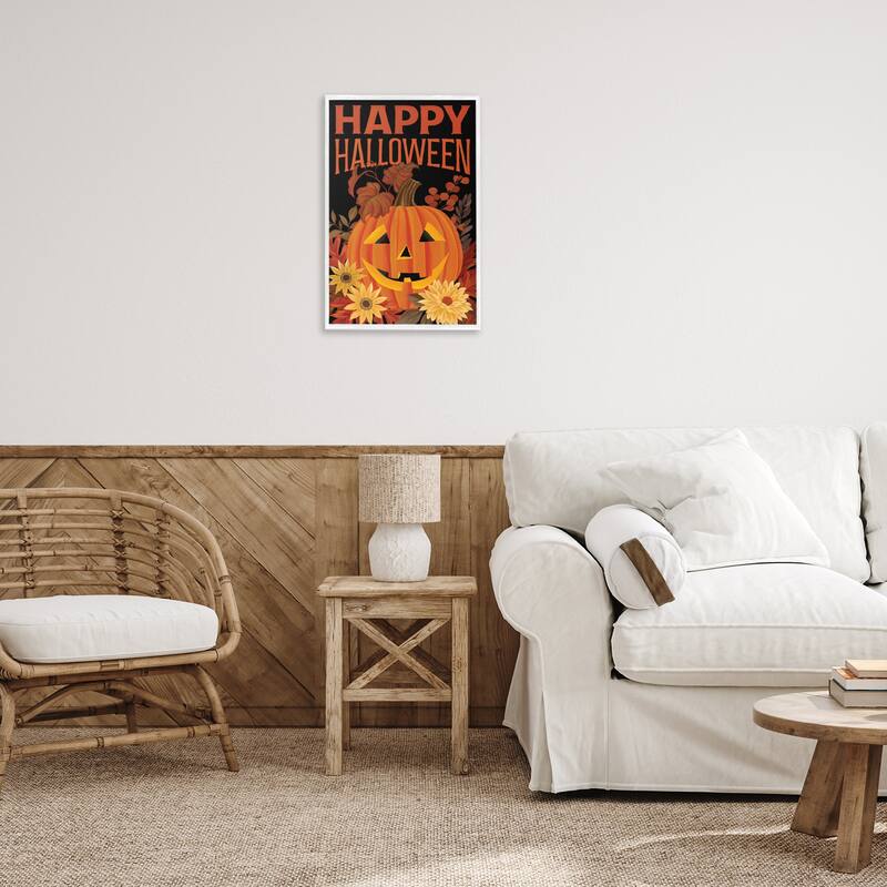 Stupell Happy Halloween Floral Pumpkin Framed Giclee Art Design By Cat Thurman Designs