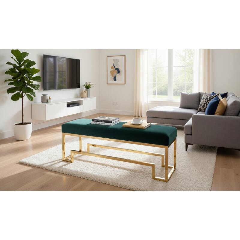 Rectangular Velvet Upholstered Bench with Stainless Steel Base, Green and Gold
