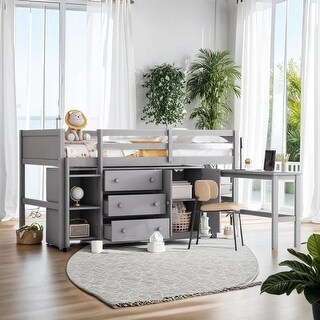 Multi-Functional Twin Size Low Loft Bed With Pull-Out Desk, Drawers, Cabinet, and Shelves, Superior Quality, Space-saving, Grey