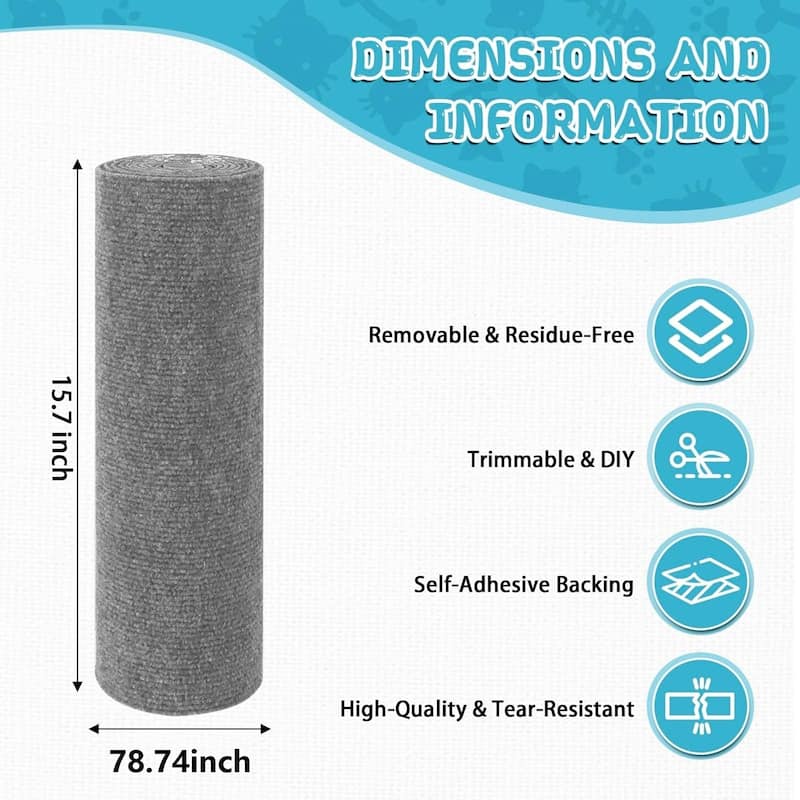 Cat Scratching Mat, Trimmable Self-Adhesive Scratcher Replacement Carpet for Cat Trees, Furniture & Walls - 15.8"Lx78.7"W