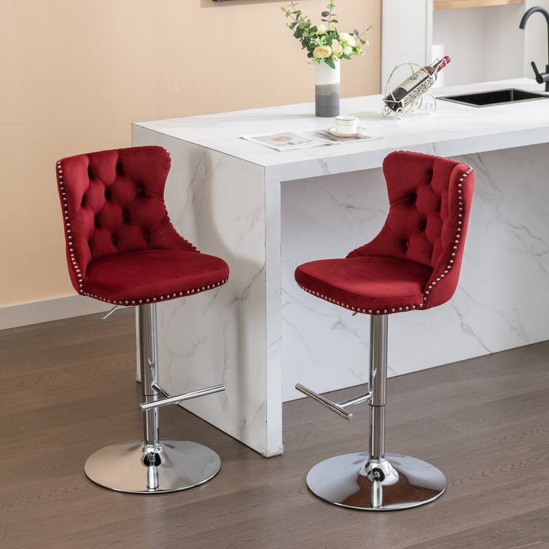 Swivel Velvet Barstools Set of 2 Adjustable Height Bar Stool with Chrome Base Modern Tufted Back Bar Stool