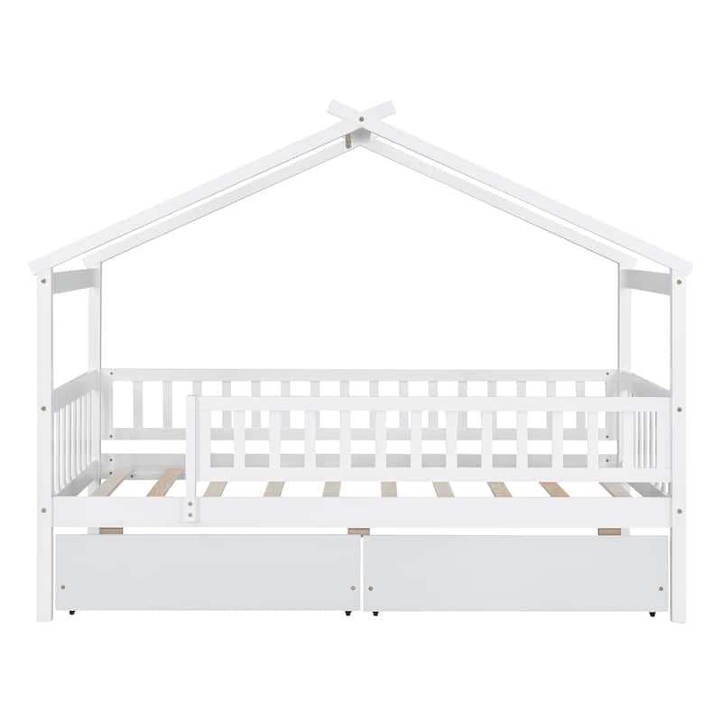 Twin Size Wooden House Bed with Drawers and Roof Design, Kids Bed Frame