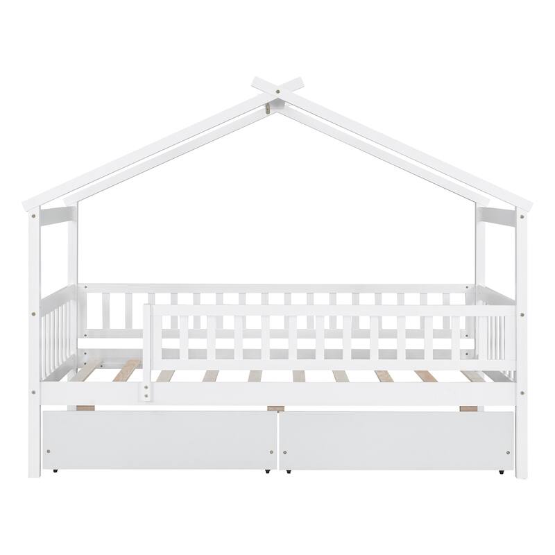 White Twin Size House-Shaped Wooden Bed with 2 Storage Drawers, Solid Pine Construction