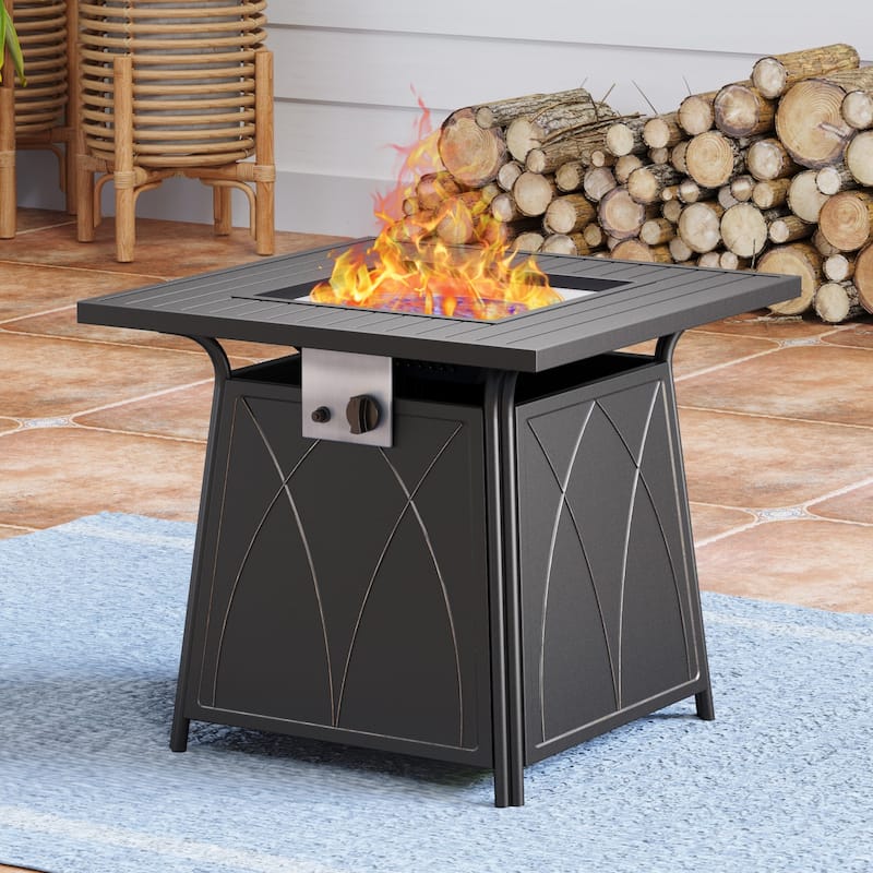 5-Piece Patio Dining Fire Pit Set of 4 Rattan/Metal Deep-Seating Swivel Chairs and 28" 50,000BTU Propane Fire Pits Table - N/A